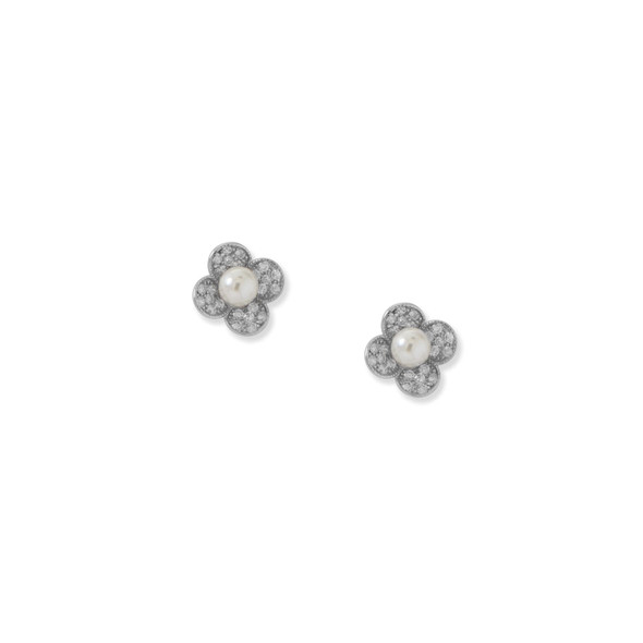 Sterling Silver Rhodium Plated Simulated Pearl and Pave CZ Flower Earrings
