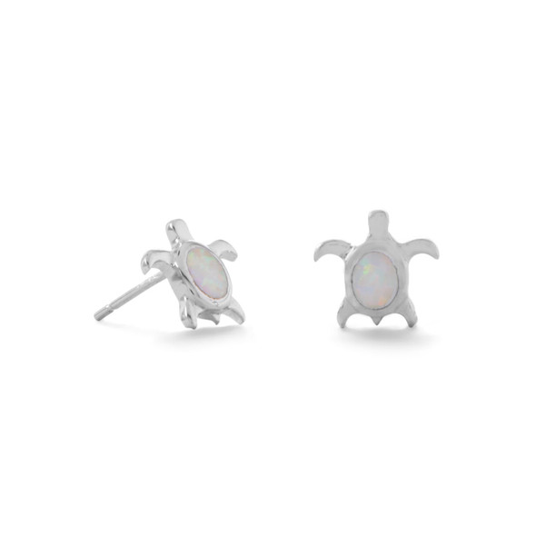 Sterling Silver White Synthetic Opal Turtle Stud Earrings