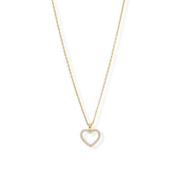Sterling Silver 16" + 2" 14 Karat Gold Plated CZ Heart Necklace