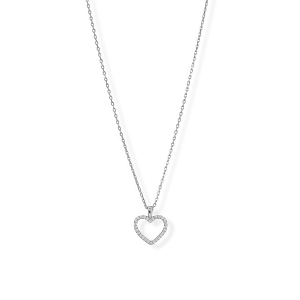 Sterling Silver 16" + 2" Rhodium Plated CZ Heart Necklace