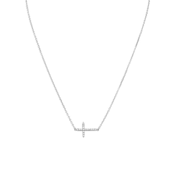 Sterling Silver 16" + 2" Rhodium Plated CZ Sideways Cross Necklace