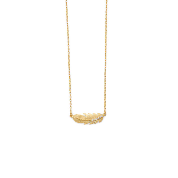 Sterling Silver 18 Karat Gold Plated Sideways CZ Feather Necklace