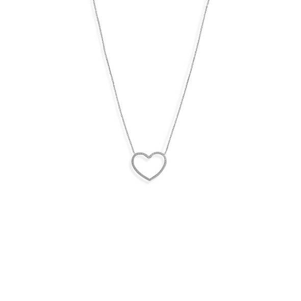 Sterling Silver 16" + 2" Rhodium Plated Diamond-cut Heart Outline Necklace
