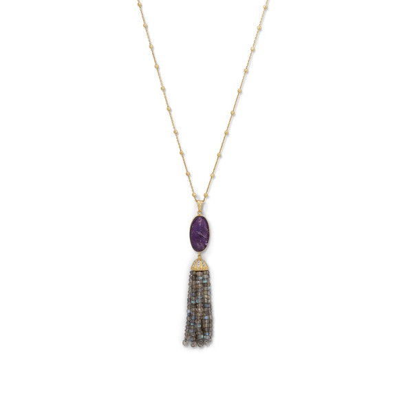 Sterling Silver 14 Karat Gold Plated Amethyst and Labradorite Tassel Necklace