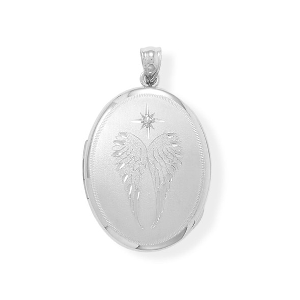 Sterling Silver Oval Angel Wings Memory Keeper Locket with Diamond