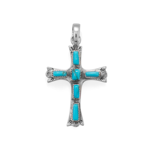 Sterling Silver Oxidized Cross with Rectangle Simulated Turquoise Pendant