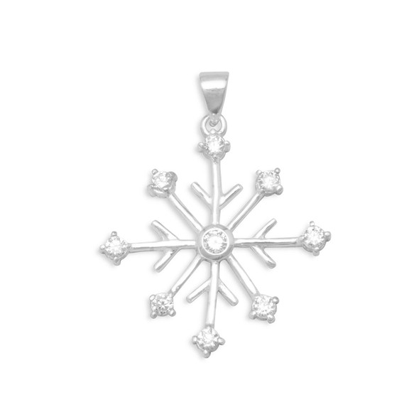 Sterling Silver Rhodium Plated 8 Point Snowflake/9 CZ Pendant