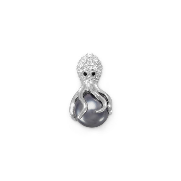 Sterling Silver Rhodium Plated CZ and Simulated Pearl Octopus Slide
