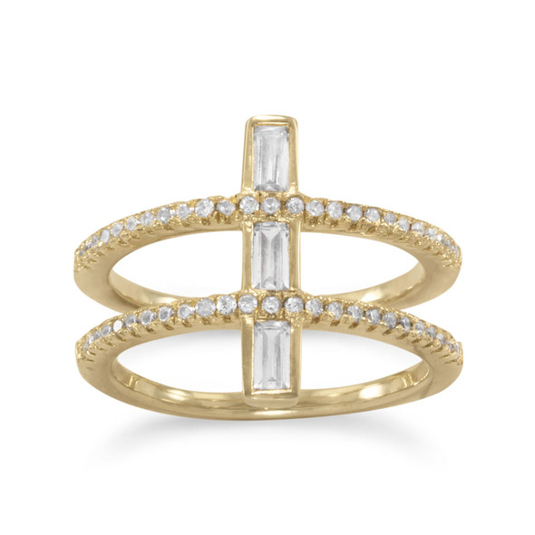Sterling Silver 14 Karat Gold Plated CZ Double Cross Ring