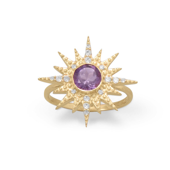 Sterling Silver 14 Karat Gold Plated CZ Sunburst with Amethyst Ring