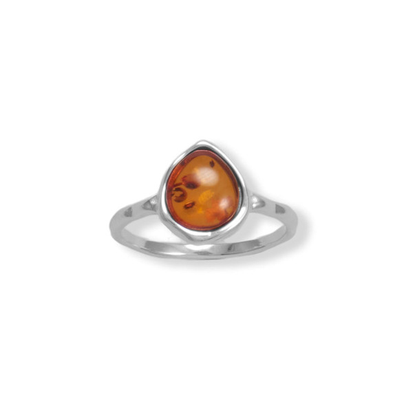 Sterling Silver Hammered Pear Amber Ring