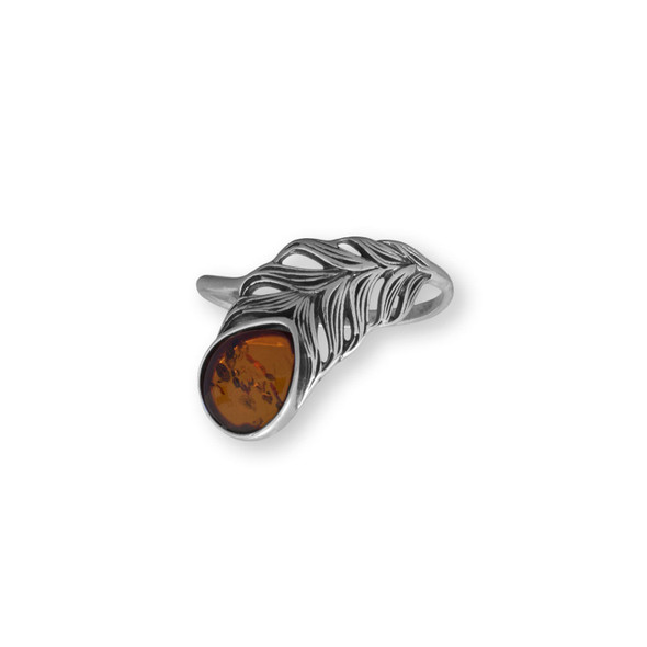 Sterling Silver Oxidized Amber Feather Ring