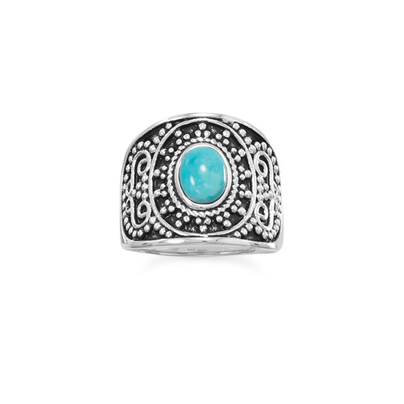 Sterling Silver Oxidized Beaded Design Simulated Turquoise Ring