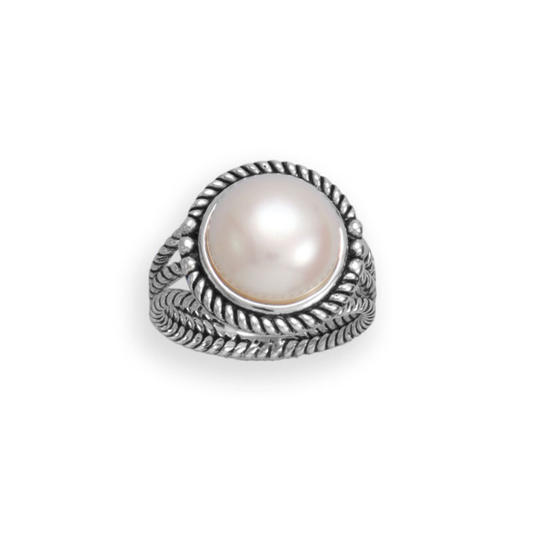 Sterling Silver Oxidized Rope Edge and Cultured Freshwater Pearl Ring