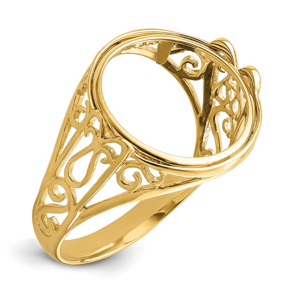 14k Yellow Gold Ladies Polished Wire Curl Filigree 13.0mm Coin Bezel Ring