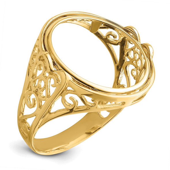 14k Yellow Gold Ladies Polished Wire Curl Filigree 15.0mm Coin Bezel Ring