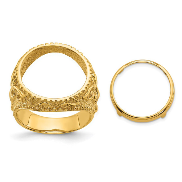 14k Gold Mens Polished & Textured Fancy Filigree Design 16.5mm Coin Bezel Ring