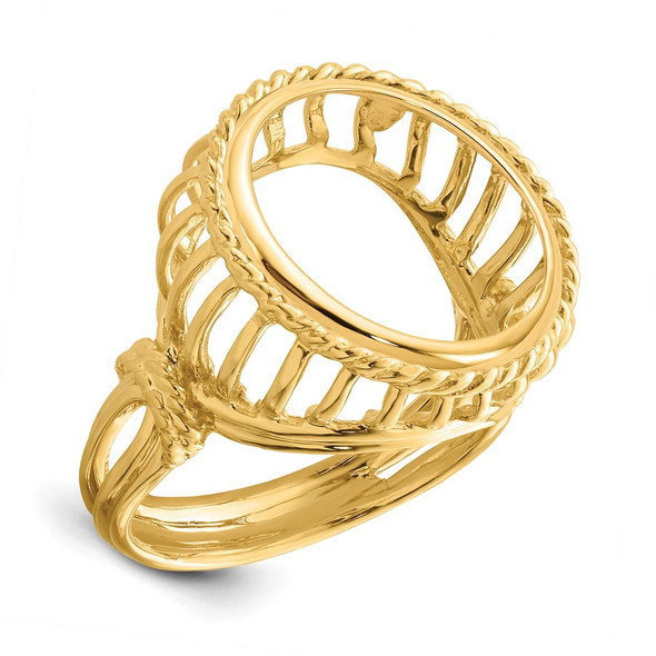 14k Yellow Gold Ladies Polished Wire & Twisted Rope 15.0mm Coin Bezel Ring