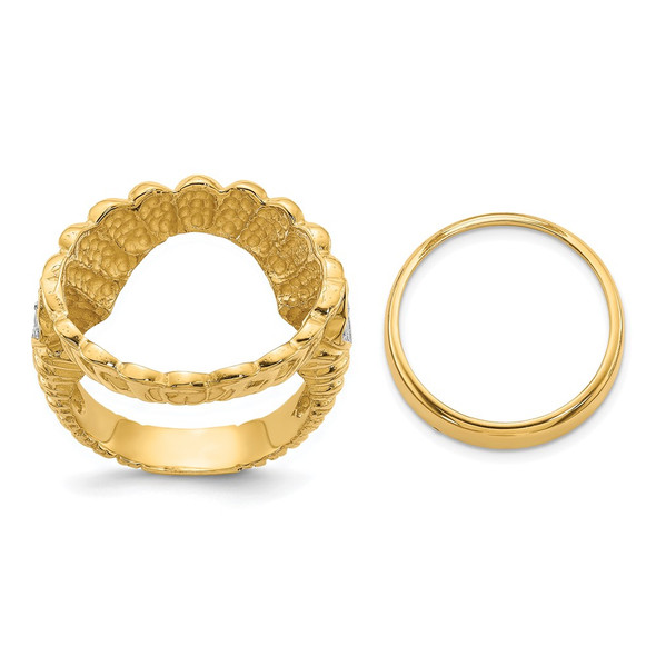 14k Gold w/ White Rhodium Ladies Braided Band AAA Diamond 16.5mm Coin Bezel Ring