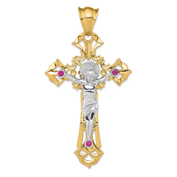 14k Two-tone Gold Polished with Red CZs Crucifix Pendant C2035