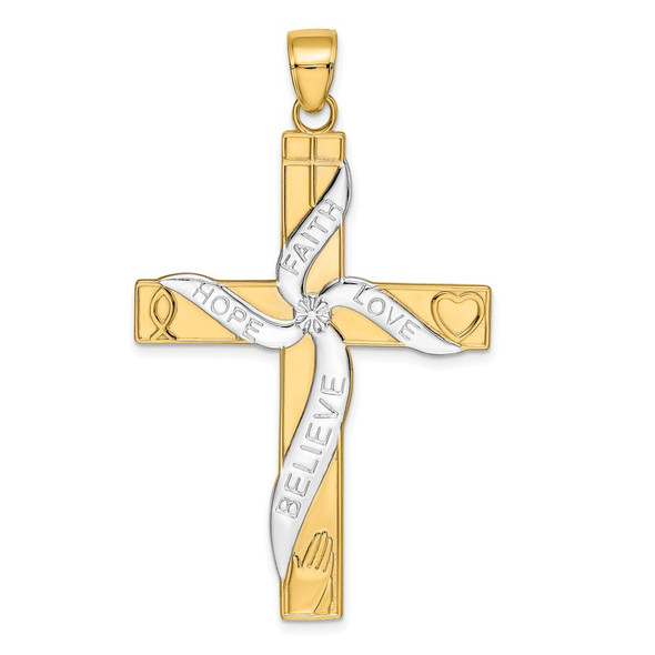 14k Yellow Gold w/Rhodium HOPE FAITH LOVE BELIEVE Cross Pendant