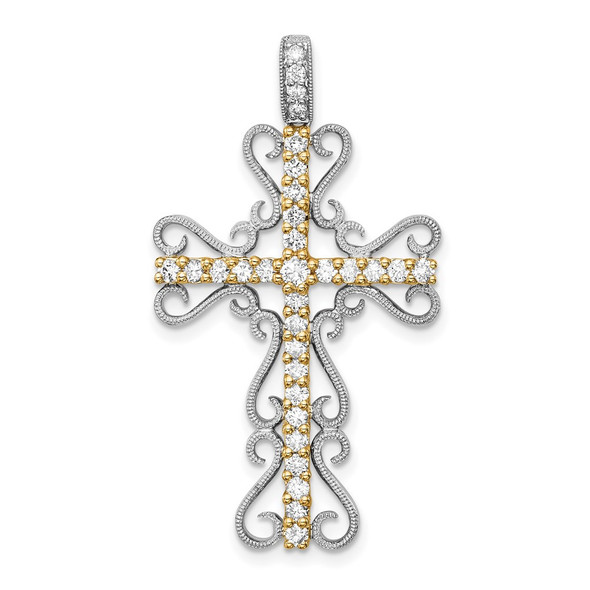 14k Two-tone Gold 5/8ctw Diamond Filigree Cross Pendant
