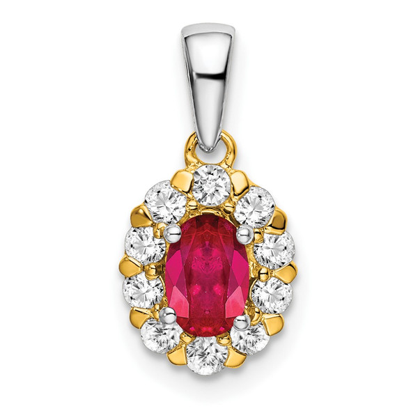 14k Two-tone Gold Oval Ruby and Diamond Halo Pendant