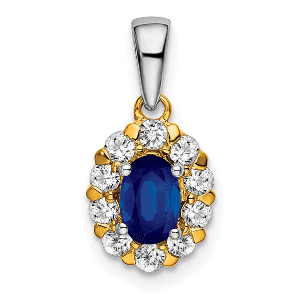 14k Two-tone Gold Oval Sapphire and Diamond Halo Pendant