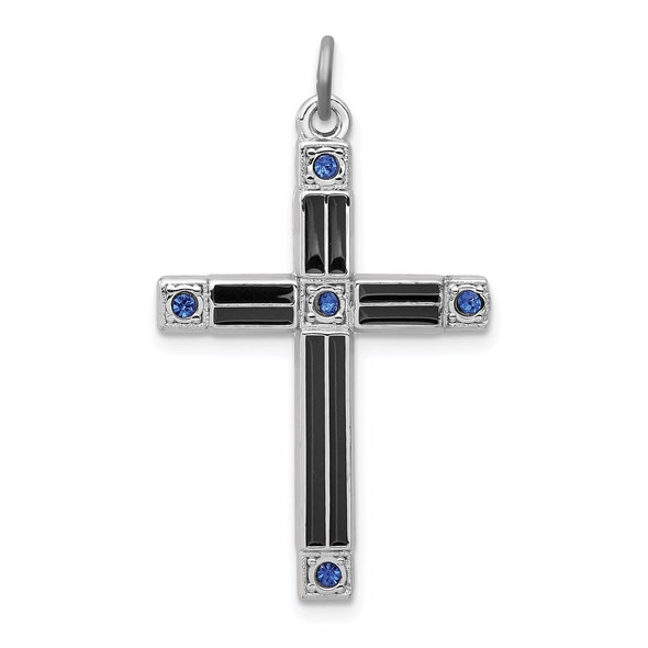 Sterling Silver Rhodium-plated Enameled & Blue CZ Cross Pendant