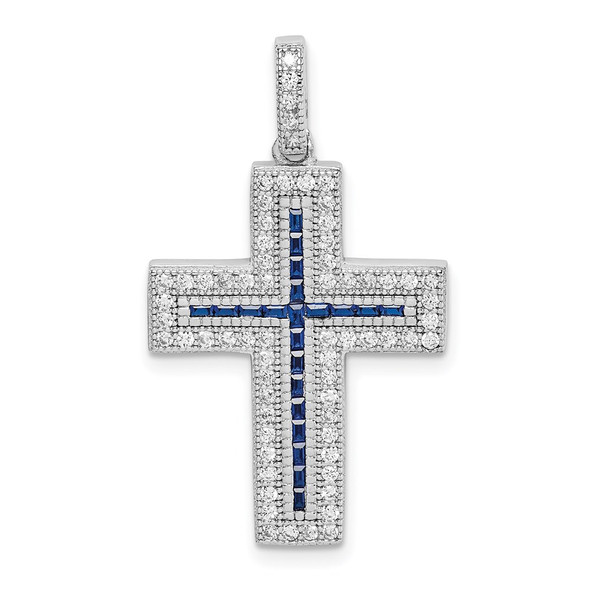 Sterling Silver Rhodium-plated CZ & Lab Created Blue Spinel Cross Pendant QC9386