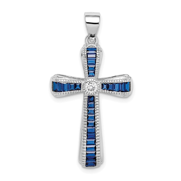 Sterling Silver Rhodium-plated CZ & Lab Created Blue Spinel Cross Pendant QC9398