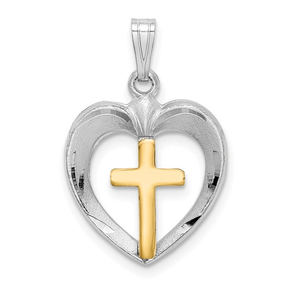 Sterling Silver Rhodium-plated Gold Tone Diamond-cut Cross Heart Pendant