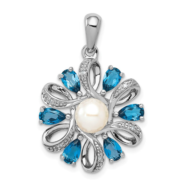 Sterling Silver Rhodium Plated Diamond and London Blue Topaz Flower Pendant