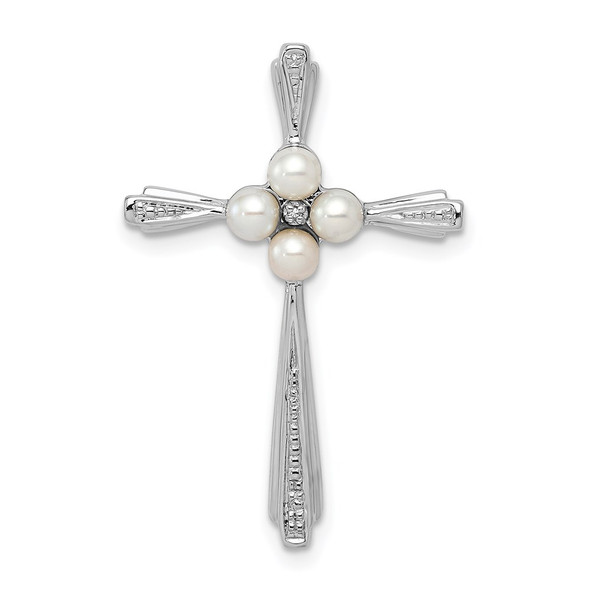 Sterling Silver Rhodium Plated Diamond Freshwater Cultured Pearl Cross Pendant