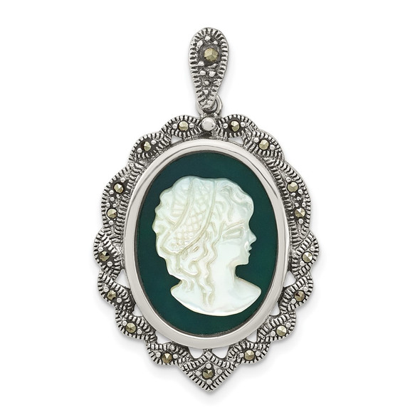 Sterling Silver Antiqued Marcasite Green Agate & Mother of Pearl Cameo Pendant