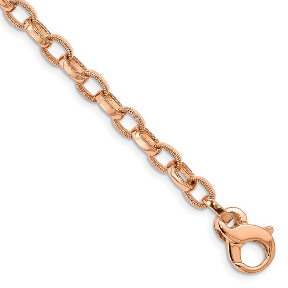 8.5" 14K Rose Gold 5mm Hand Polished with Ridged Edge Fancy Link Fancy Lobster Clasp Bracelet