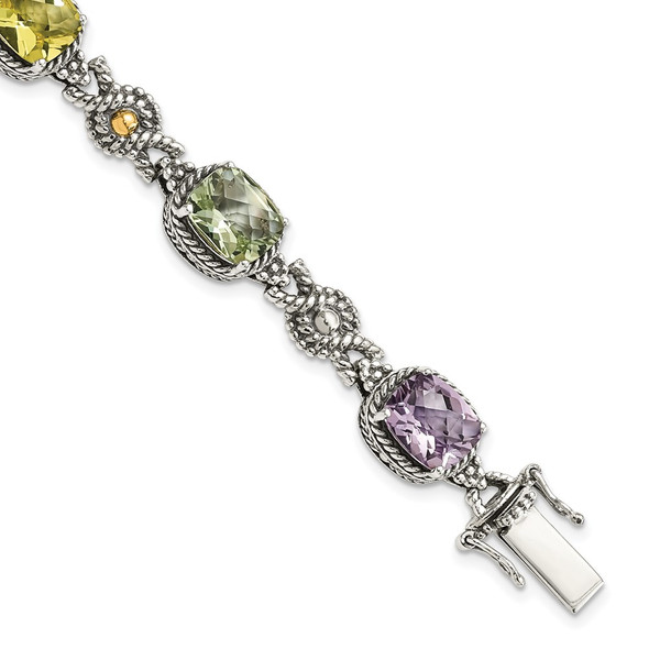 7.25" Shey Couture Sterling Silver with 14K Accent Antiqued Cushion Pink Quartz Green Quartz and Lemon Quartz Bracelet