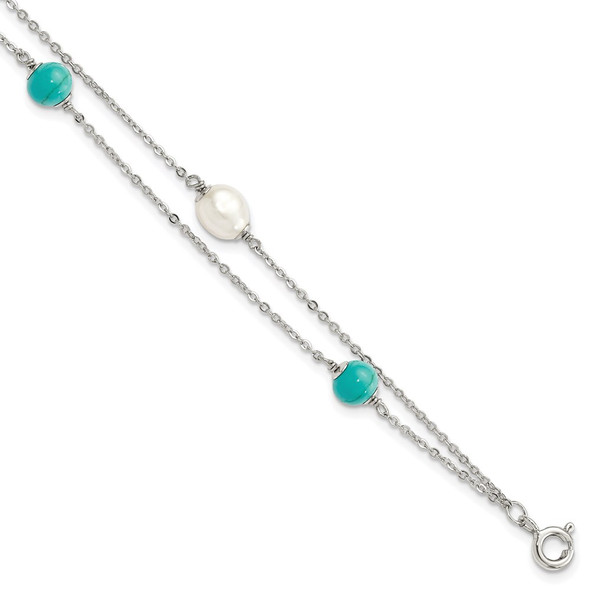 7" Sterling Silver Simulated Turquoise/Freshwater Cultured Pearl w/1 in ext Bracelet