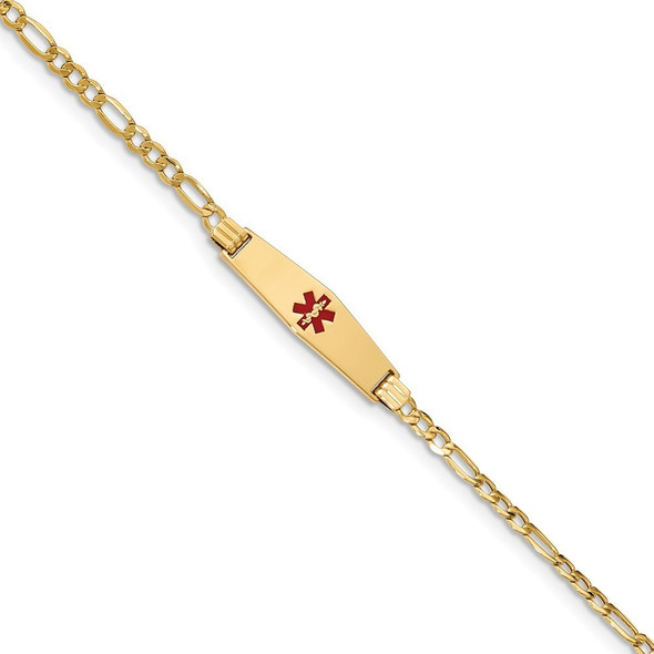 7" 14k Yellow Gold Medical Soft Diamond-Shape Red Enamel ID with Hollow Link Bracelet with Free Engraving