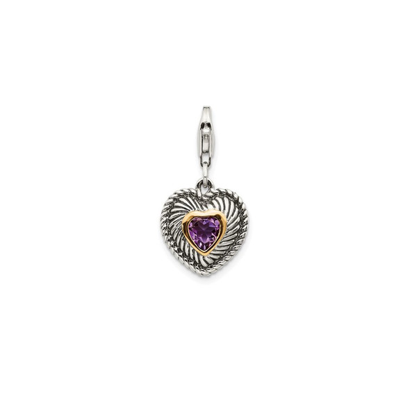 Shey Couture Sterling Silver with 14K Accent Antiqued Amethyst Antiqued Heart with Lobster Clasp Charm