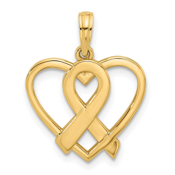 14K Yellow Gold Polished Awareness Ribbon and Heart Charm