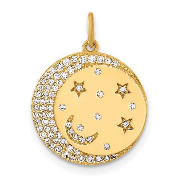 10K Yellow Gold Polished CZ Moon and Stars Disc Charm