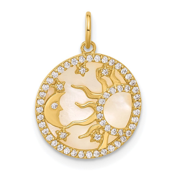 10K Yellow Gold Polished CZ and Mother of Pearl Sun Moon and Stars Disc Charm