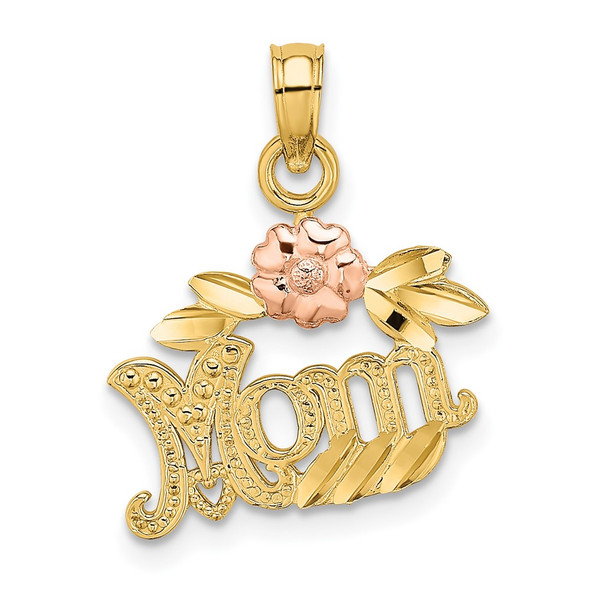 10k Two-tone Gold Textured Scroll w/ Flower MOM Charm