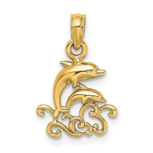 10K Yellow Gold Textured Mini Double Dolphins and Waves Charm