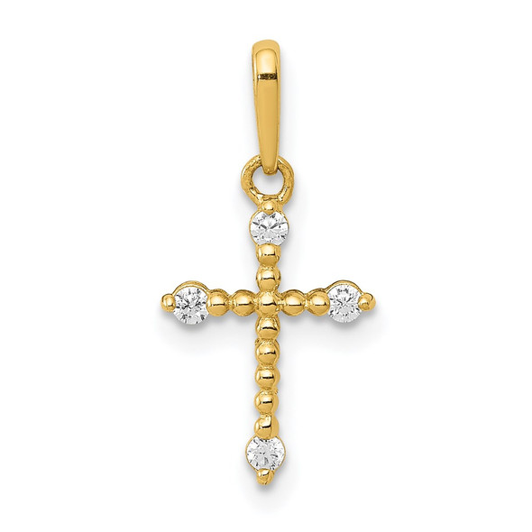 14K Yellow Gold Polished Beaded CZ Cross Charm