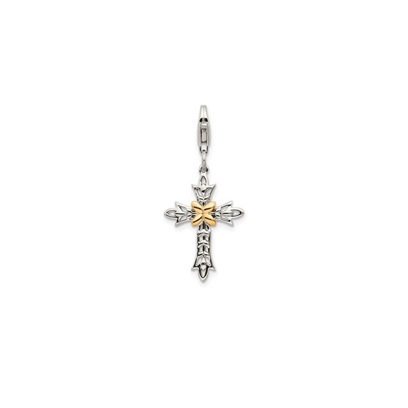 Shey Couture Sterling Silver with 14K Accent Antiqued 3-D Antiqued Cross with Lobster Clasp Charm