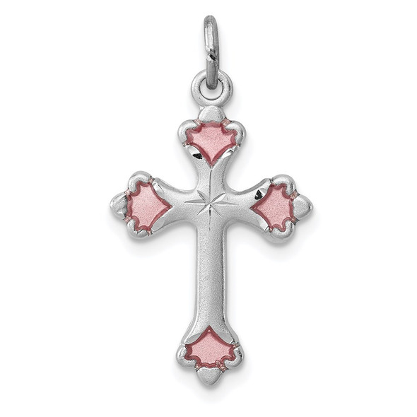 Sterling Silver Rhodium-plated Pink Enameled Budded Cross Charm