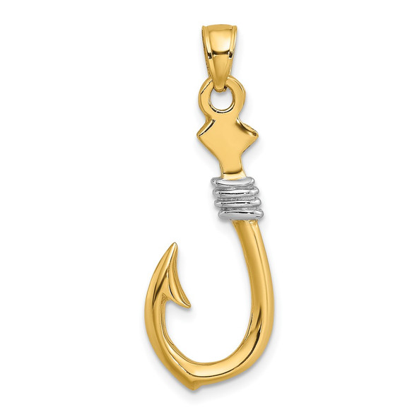10K Yellow Gold w/Rhodium-plating 3-D Fish Hook With Rope Charm