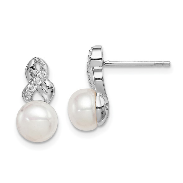 Sterling Silver Rhodium-plated 6-7mm White Freshwater Cultured Pearl CZ Post Earrings